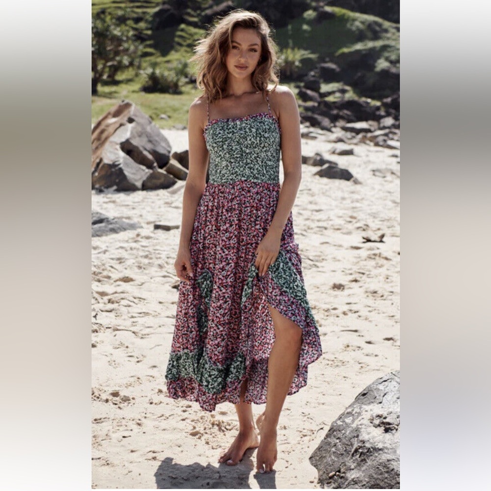 Free People Green and Red Floral Maxi Dress